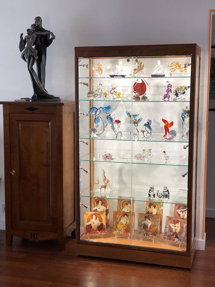 Vitrine en verre extra-clair présentant une collection de minéraux